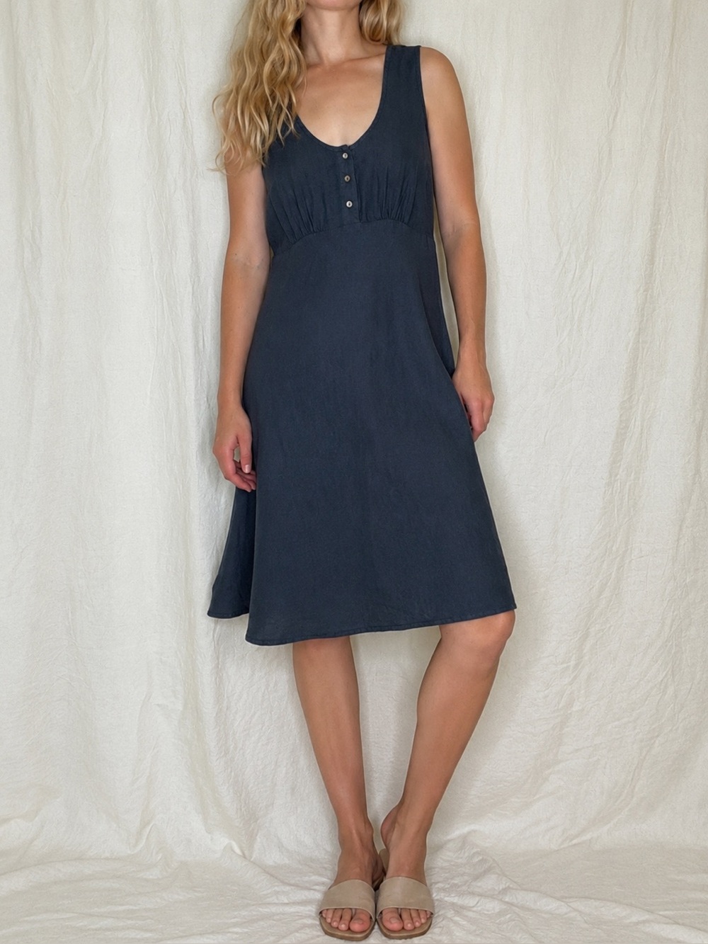 Bella Notte 100% Linen Dress Large Navy Blue Made in San Francisco USA